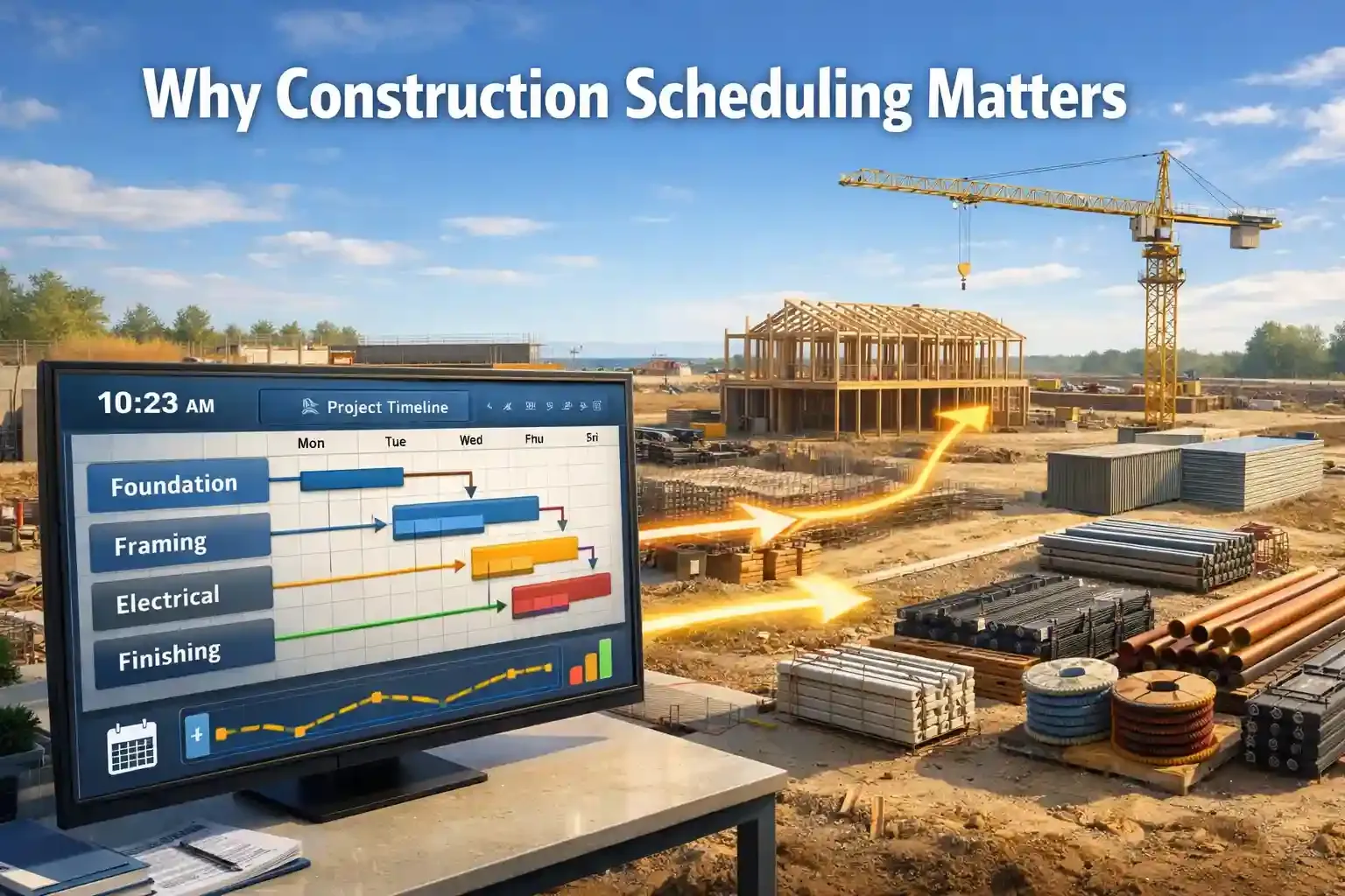 Construction site with a scheduling board showing an organized project timeline